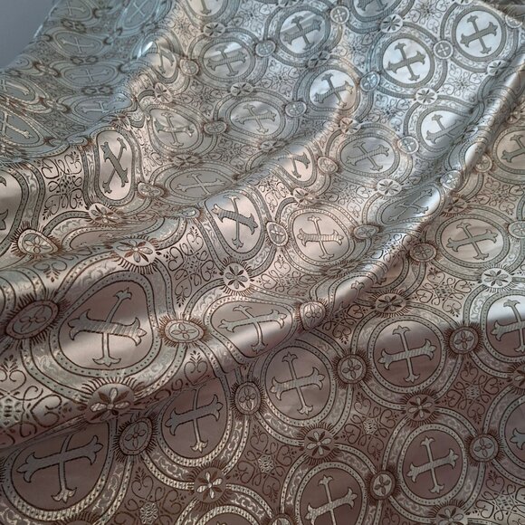 Fabric - Satin Brocade Silver Metallic Lustrous Gothic Print Fabric 3yd x 46in - Picture 10 of 16